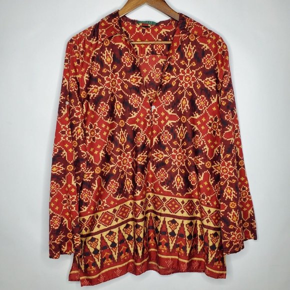 Ralph Lauren Womens Red Tan Southwest Popover Blouse Size XL Long Sleeve Flowy - Picture 1 of 8